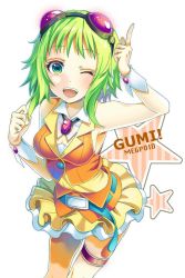 Rule 34 | 1girl, arm up, bare shoulders, belt, brooch, character name, commentary, cowboy shot, frilled skirt, frills, garter straps, goggles, goggles on head, green eyes, green hair, gumi, highres, index finger raised, jewelry, layered skirt, leaning forward, okutani toro, one eye closed, open mouth, orange skirt, orange vest, red goggles, shirt, short hair with long locks, sidelocks, single garter strap, skirt, sleeveless, sleeveless shirt, smile, solo, star (symbol), vest, vocaloid, white background, wrist cuffs, yellow shirt, yellow skirt
