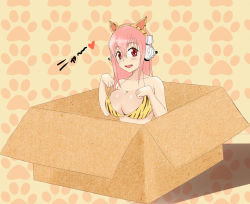 Rule 34 | 1girl, animal ears, animal print, bad id, bad pixiv id, bikini, blush, box, breasts, cardboard box, cat ears, cleavage, gaikiken, headphones, highres, in box, in container, large breasts, long hair, looking at viewer, nitroplus, open mouth, pink hair, red eyes, smile, solo, super sonico, swimsuit, tiger print