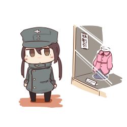 Rule 34 | 1girl, brown eyes, brown hair, chibi, dress, erua, gertrud barkhorn, hat, honda takashi (enorea), military, military uniform, short twintails, solo, strike witches, twintails, uniform, world witches series