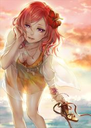 Rule 34 | 10s, 1girl, :d, adjusting hair, backlighting, blush, bracelet, breasts, cleavage, cloud, collarbone, downblouse, dress, flower, unworn footwear, hair flower, hair ornament, holding, holding shoes, jewelry, leaning forward, lips, lma, looking at viewer, love live!, love live! school idol festival, love live! school idol project, medium breasts, necklace, nishikino maki, ocean, open mouth, parted bangs, purple eyes, red hair, see-through, shoes, unworn shoes, short hair, smile, solo, sunrise, transparent, water, wavy hair