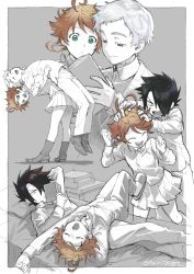 Rule 34 | 1girl, 2boys, arm pillow, arm up, assisted stretching, back-to-back, black hair, book, book stack, bookmark, boots, brown eyes, cardigan, closed eyes, crossed arms, emma (yakusoku no neverland), foot dangle, green eyes, holding, holding book, indesign, laughing, lifting person, locked arms, lying, miniskirt, multiple boys, multiple views, neck tattoo, norman (yakusoku no neverland), number tattoo, on back, on bed, on person, open book, outside border, partially colored, pillow, pleated skirt, ray (yakusoku no neverland), reading, scratching head, shoes, silver hair, sketch, skirt, slippers, standing, stretching, tattoo, yakusoku no neverland, yawning
