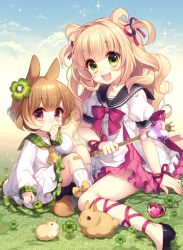 Rule 34 | 2girls, animal ears, ankle lace-up, bad id, bad pixiv id, baton, blonde hair, blue sky, brown hair, rabbit, rabbit ears, cloud, clover, cross-laced footwear, day, flower, four-leaf clover, green eyes, hair flower, hair ornament, hair ribbon, hamster, hamster ears, hamster tail, hand to own mouth, jewelry, long hair, long sleeves, looking at viewer, magical girl, masaru.jp, multiple girls, neckerchief, necklace, open mouth, original, pendant, puffy short sleeves, puffy sleeves, purple eyes, ribbon, school uniform, serafuku, short hair, short sleeves, sitting, sky, smile, sparkle, two side up, very long hair, wrist ribbon