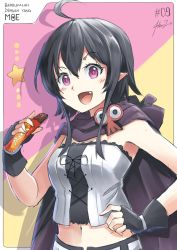 Rule 34 | 1girl, :d, ahoge, armpits, bad id, bad pixiv id, black hair, candy, candy bar, cloak, fang, fingerless gloves, food, gloves, guri, hand on own hip, heart, highres, hood, hooded cloak, looking at viewer, midriff, mystic-san, navel, open mouth, pointy ears, purple eyes, renai boukun, short hair with long locks, skull, smile, solo, star (symbol), strapless, tube top