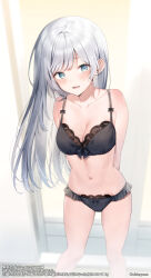Rule 34 | 1girl, arms behind back, bare arms, bare shoulders, black bra, black panties, blue eyes, blush, bow, bow bra, bow panties, bra, breasts, cleavage, collarbone, commentary request, feet out of frame, frilled panties, frills, grey hair, leaning forward, long hair, looking at viewer, medium breasts, midorikawa you, navel, original, panties, parted lips, smile, solo, standing, underwear, underwear only, very long hair