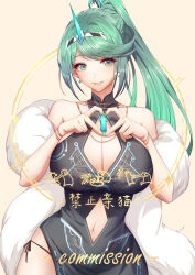 Rule 34 | 1girl, absurdres, aqua eyes, aqua hair, bare shoulders, bikini, black dress, breasts, cleavage, cleavage cutout, clothing cutout, collarbone, commentary, commission, core crystal (xenoblade), cyacyacyacyaki, diamond cutout, dress, earrings, eyelashes, heart, heart hands, high ponytail, highres, huge breasts, jewelry, large breasts, long hair, navel cutout, pneuma (xenoblade), side-tie bikini bottom, simple background, smile, solo, swept bangs, swimsuit, teeth, tiara, translation request, white background, xenoblade chronicles (series), xenoblade chronicles 2