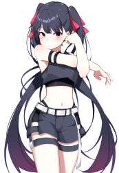 Rule 34 | 1girl, arm strap, bare shoulders, belt, black hair, black shirt, black shorts, choker, commentary request, cowboy shot, crop top, gradient hair, hair ribbon, highleg, highres, ichiki 1, long hair, looking at viewer, midriff, multicolored hair, navel, original, red eyes, red ribbon, ribbon, shirt, short shorts, shorts, simple background, sleeveless, sleeveless shirt, solo, stomach, stretching, thighs, twintails, very long hair, white background