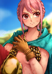 Rule 34 | 1girl, armor, artist request, bikini armor, blue sky, braid, braided ponytail, breasts, brown eyes, brown gloves, cape, day, gloves, helmet, highres, holding, holding helmet, injury, looking to the side, medium breasts, one piece, pink hair, rebecca (one piece), simple background, single braid, sky, standing, torn clothes, upper body