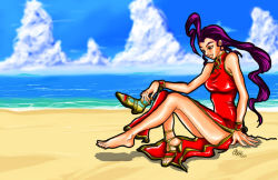 Rule 34 | 1girl, ahoge, akiv707, alternate costume, bare shoulders, barefoot, beach, breasts, china dress, chinese clothes, day, dress, hair slicked back, huge ahoge, long hair, medium breasts, ocean, purple hair, rose (street fighter), sandals, side slit, single shoe, sitting, solo, street fighter, wrist cuffs