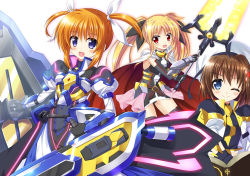 Rule 34 | 3girls, ;), armor, armored dress, bardiche (nanoha), bardiche (zanber form) (nanoha), beret, black dress, black gloves, black ribbon, blue eyes, cape, commentary request, dress, endori, fate testarossa, fate testarossa (blaze form ii), fingerless gloves, fortress (nanoha), gauntlets, gloves, hair ornament, hair ribbon, hat, holding, holding weapon, jacket, juliet sleeves, long dress, long hair, long sleeves, looking at viewer, lyrical nanoha, magical girl, mahou shoujo lyrical nanoha, mahou shoujo lyrical nanoha reflection, multiple girls, one eye closed, open mouth, partial commentary, puffy sleeves, purple eyes, red cape, ribbon, short dress, short hair, sidelocks, simple background, sleeveless, sleeveless dress, smile, standing, strike cannon, takamachi nanoha, takamachi nanoha (formula mode), tome of the night sky, twintails, two-sided cape, two-sided fabric, weapon, white background, white cape, white dress, white headwear, white jacket, white ribbon, x hair ornament, yagami hayate