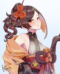 Rule 34 | 1girl, bare shoulders, black gloves, blue background, brown hair, chiori (genshin impact), commentary request, genshin impact, gloves, grey kimono, hand up, haori, highres, hiziriamane, japanese clothes, kimono, long hair, looking at viewer, obi, off shoulder, parted lips, ponytail, red eyes, red sash, sash, solo, upper body