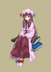 Rule 34 | 1girl, absurdres, book, crescent, expressionless, female focus, full body, hands on lap, hat, highres, long hair, patchouli knowledge, purple eyes, purple hair, shibasaki shouji, simple background, sitting, solo, touhou