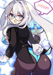 Rule 34 | 1girl, absurdres, animal ears, ass, axia (03400441), blue background, blue eyes, blush, breasts, commission, commissioner upload, glasses, heterochromia, highres, indie virtual youtuber, large breasts, looking back, open mouth, pantyhose, purple eyes, rabbit ears, rabbit girl, rabbit tail, skeb commission, solo, star (symbol), tail, usagi mizuno, virtual youtuber, waitress, white hair