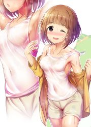 Rule 34 | 1girl, absurdres, armpits, arms up, blush, breasts, brown eyes, brown hair, collarbone, commentary request, covered erect nipples, covered navel, cowboy shot, highres, idolmaster, idolmaster cinderella girls, jacket, kitami yuzu, ment, one eye closed, open mouth, short hair, shorts, sideboob, simple background, small breasts, smile, standing, tank top, wet, white background, white shorts, white tank top, yellow jacket, zoom layer