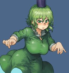 Rule 34 | 1girl, blue background, blush, breasts, chanta (ayatakaoisii), closed mouth, dress, green dress, green eyes, green hair, hair between eyes, hat, highres, large breasts, long sleeves, looking at viewer, purple hat, short hair, simple background, soga no tojiko, solo, standing, touhou