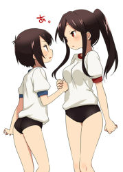 Rule 34 | 2girls, a channel, artist request, black buruma, blush, breasts, brown hair, buruma, clenched hand, feet out of frame, female focus, from side, gluteal fold, gym shirt, gym uniform, height difference, holding hands, ichii tooru, looking at another, multiple girls, nishi yuuko, open mouth, ponytail, red eyes, shirt, short hair, short sleeves, sidelocks, simple background, source request, standing, sweat, uniform, white background, white shirt