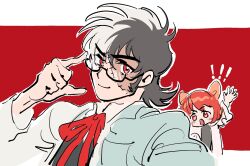 Rule 34 | !, 1boy, 1girl, arm up, black-framed eyewear, black hair, black jack (character), black jack (series), bow, closed mouth, eyes visible through hair, glasses, hair bow, hair over one eye, highres, lab coat, long sleeves, looking at viewer, multicolored hair, neck ribbon, open mouth, patchwork skin, pinoko, red eyes, red hair, red ribbon, ribbon, scar, semi-rimless eyewear, shirt, short hair, simple background, smile, split-color hair, thick eyebrows, two-tone hair, under-rim eyewear, vest, wenwen 0902, white hair