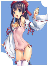 Rule 34 | 1girl, :o, bare shoulders, black eyes, black hair, covered navel, detached sleeves, female focus, flat chest, hakurei reimu, mikage sekizai, navel, one-piece swimsuit, pink one-piece swimsuit, pink theme, school swimsuit, skinny, solo, swimsuit, thigh gap, thighhighs, thighs, touhou