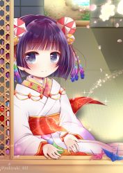 Rule 34 | 1girl, blue eyes, blunt bangs, blush, bob cut, chiyo (shironeko project), closed mouth, commentary request, day, hair ornament, indoors, japanese clothes, kimono, layered clothes, layered kimono, long sleeves, looking at viewer, origami, paper crane, pond, purple hair, shironeko project, short hair, smile, solo, stone, water, white kimono, wide sleeves, yukiyuki 441