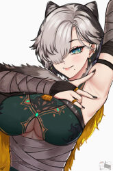 Rule 34 | 1girl, absurdres, animal ears, armpits, bandages, black nails, blue eyes, blush, breasts, bridal gauntlets, cape, cleavage, dynorz, earrings, fur-trimmed cape, fur trim, grey hair, hair over one eye, highres, jewelry, kunai nakasato, large breasts, mole, mole under mouth, nijisanji, nijisanji en, parted bangs, presenting armpit, short hair, simple background, smile, solo, spread armpit, white background, wolf ears
