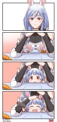 Rule 34 | 2girls, 4koma, absurdres, aged down, aiming, aiming at viewer, animal ears, blue hair, braid, breasts, carrot hair ornament, comic, food-themed hair ornament, gun, hair ornament, hair over shoulder, handgun, highres, holding, holding gun, holding weapon, hololive, large breasts, looking at viewer, lsketchu, mature female, mother and daughter, multiple girls, open mouth, pekomama, rabbit ears, rabbit girl, short eyebrows, single braid, sitting, sitting on lap, sitting on person, smile, thick eyebrows, usada pekora, virtual youtuber, weapon