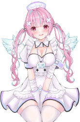 Rule 34 | 1girl, absurdres, amane kanata, amane kanata (cosplay), amane kanata (nurse), anchor symbol, angel wings, armband, bandaged arm, bandages, between legs, blue hair, blush, breasts, cleavage, commentary request, cosplay, detached collar, dress, feathered wings, frills, gloves, hair ornament, hand between legs, hat, highres, hololive, id card, lanyard, long hair, medium breasts, minato aqua, multicolored hair, nurse, nurse cap, open mouth, oyuharu, pink eyes, pink hair, puffy short sleeves, puffy sleeves, short sleeves, sidelocks, simple background, single hair intake, smile, solo, streaked hair, sweatdrop, thighhighs, twintails, virtual youtuber, white background, white dress, white gloves, white thighhighs, white wings, wings, x hair ornament