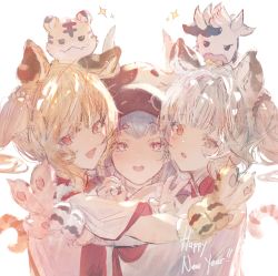 Rule 34 | 3girls, animal ears, animal hands, betabeet, blonde hair, blue hair, catura (granblue fantasy), cindala (granblue fantasy), cow, cow hat, fang, gloves, granblue fantasy, happy new year, huang (granblue fantasy), hug, laolao (granblue fantasy), multiple girls, new year, open mouth, pai (granblue fantasy), paw gloves, red eyes, silver hair, simple background, sparkle, tiger, tiger paws, v, white background
