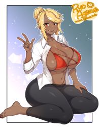 Rule 34 | 1girl, :q, agawa ryou, artist name, bad id, bad tumblr id, barefoot, bikini, bikini top only, blonde hair, breasts, cleavage, commission, dark-skinned female, dark skin, double bun, feet, hair bun, huge breasts, long hair, looking at viewer, navel, open clothes, open shirt, original, red bikini, red eyes, shirt, signature, sitting, smile, solo, swimsuit, thick thighs, thighs, toes, tongue, tongue out, wariza