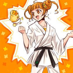 Rule 34 | 1girl, :d, alternate costume, aoren, bad id, bad pixiv id, clenched hand, clenched hands, clover, clover hair ornament, dokidoki! precure, double bun, dougi, four-leaf clover, hair ornament, karate gi, open mouth, orange eyes, orange hair, precure, rance (dokidoki! precure), smile, ^^^, sweat, yotsuba alice