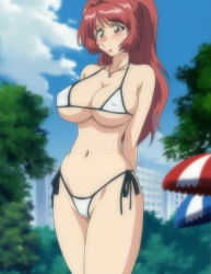 Rule 34 | 1girl, absurdres, aniyome wa ijippari, arms behind back, bikini, blush, breasts, brown eyes, cameltoe, cleavage, covered erect nipples, highres, large breasts, legs, long hair, micro bikini, navel, red hair, stitched, swimsuit, tagme, takama kozue, thighs, third-party edit, twintails