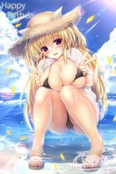 Rule 34 | 1girl, animal ears, bikini, black bikini, blonde hair, blush, breasts, cloud, cloudy sky, commentary request, day, double v, feet, female focus, fox ears, hair between eyes, happy birthday, hat, kurenai anzu, large breasts, light rays, long hair, looking at viewer, ocean, open clothes, open mouth, open shirt, original, petals, red eyes, sandals, shirt, signature, sky, solo, squatting, straw hat, sunbeam, sunlight, swimsuit, toes, unohana pochiko, v, wading, wet, wet clothes, wet shirt