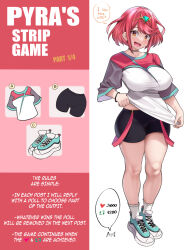 Rule 34 | 1girl, achromaru, alternate costume, bike shorts, blush, breasts, casual, english text, large breasts, like and retweet, looking at viewer, meme, open mouth, oversized clothes, oversized shirt, pyra (xenoblade), red eyes, red hair, shirt, shoes, short hair, short sleeves, shorts, simple background, smile, sneakers, solo, strip game, swept bangs, thighs, twitter strip game (meme), white background, xenoblade chronicles (series), xenoblade chronicles 2