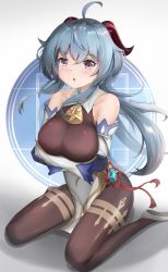 Rule 34 | 1girl, ahoge, arms under breasts, bare shoulders, bell, blue gloves, blue hair, breasts, collarbone, cowbell, detached sleeves, ganyu (genshin impact), genshin impact, gloves, goat horns, highres, horns, large breasts, leotard, long hair, looking at viewer, mctom, open mouth, purple eyes, sitting, solo, wariza