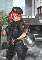 Rule 34 | 1girl, ammunition pouch, armored personnel carrier, armored vehicle, assault rifle, battle rifle, beret, black hat, blue eyes, bope, city, commentary, commentary request, emblem, english commentary, fingerless gloves, fn fal, gloves, gun, hat, jacket, knee pads, kws, military jacket, original, patch, police, police uniform, policewoman, portuguese commentary, portuguese text, pouch, red hair, rifle, solo, spanish commentary, tactical clothes, thigh pouch, trigger discipline, uniform, weapon