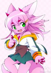 Rule 34 | 1boy, artist name, blue skirt, claws, dev voxy, dragon horns, extra ears, fangs, furry, green eyes, hair ornament, hairclip, horns, looking at viewer, open mouth, original, pink fur, pink hair, pleated skirt, skirt, solo, strapless, trap, watermark