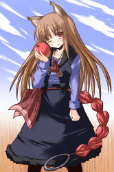 Rule 34 | 00s, 1girl, animal ears, apple, cloud, day, fang, food, fruit, holding, holding food, holding fruit, holo, one eye closed, shinshin, solo, spice and wolf, wolf ears