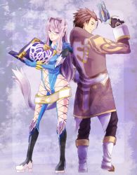 1boy 1girl alvin_(tales) animal_ears belt bodysuit book boots breasts brown_eyes brown_hair cat_ears cat_tail coat elbow_gloves fur glasses gloves gun long_hair navel open_mouth pants presa_(tales) purple_eyes purple_hair short_hair tail tales_of_(series) tales_of_xillia weapon