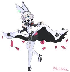Rule 34 | 1girl, absurdres, ahoge, animal ears, arc system works, ass, blue eyes, blush, boots, breasts, rabbit ears, clover, collar, dress, elphelt valentine, fingerless gloves, four-leaf clover, gloves, guilty gear, guilty gear xrd, guilty gear xrd: revelator, highres, large breasts, pantyhose, short hair, sideboob, silver hair, solo, spiked collar, spikes, thigh boots, thighhighs, white background, yukkinon