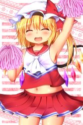 Rule 34 | 1girl, arm up, armpits, blonde hair, blush, cheerleader, fang, flandre scarlet, hat, hat ribbon, highres, navel, open mouth, pom pom (cheerleading), rena (riries), ribbon, side ponytail, skirt, smile, solo, touhou, wings