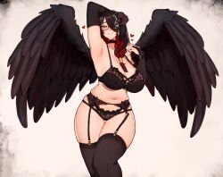 Rule 34 | 1girl, arm up, armpits, bespectacled, black hair, bra, braid, breasts, bridal gauntlets, elbow gloves, feathered wings, fortissimo, glasses, gloves, hair ornament, heart, highres, hololive, hololive english, horns, lace, lace-trimmed bra, lace trim, large breasts, lingerie, looking at viewer, mamarissa ravencroft, mature female, mole, mole on breast, mole on thigh, multicolored hair, musical note, musical note hair ornament, navel, paid reward available, red hair, simple background, smile, solo, thighhighs, two-tone hair, underwear, variant set, varniskarnis, virtual youtuber, white background, wings