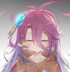 Rule 34 | 1girl, android, antenna hair, closed eyes, collarbone, commentary request, gradient background, grey background, hair between eyes, hair ornament, highres, hood, hooded sweater, long hair, long sleeves, looking at viewer, luckyes, no game no life, purple hair, shuvi (no game no life), sidelocks, simple background, smile, solo, sweater