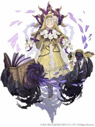 Rule 34 | 1girl, beads, blonde hair, book, briar rose (sinoalice), cross-laced footwear, dress, closed eyes, flower, frills, full body, habit, hair flower, hair ornament, highres, ji no, looking at viewer, nun, official art, sinoalice, solo, square enix, stuffed toy, thorns, white background, yellow dress