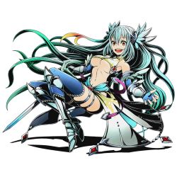 Rule 34 | 10s, 1girl, aqua hair, armor, armored boots, blue gloves, blue thighhighs, boots, breasts, cleavage, dione (road to dragons), divine gate, fingerless gloves, floating hair, full body, gloves, green hair, hair between eyes, holding, holding sword, holding weapon, long hair, medium breasts, midriff, multicolored hair, navel, official art, open mouth, orange eyes, road to dragons, solo, sword, thigh strap, thighhighs, transparent background, two-tone hair, ucmm, underboob, very long hair, weapon