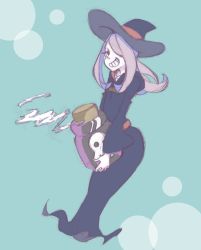 Rule 34 | 10s, 1girl, bottle, female focus, grin, hair over one eye, hat, highres, little witch academia, long hair, poison, red eyes, smile, solo, sucy manbavaran, tagme, witch, witch hat