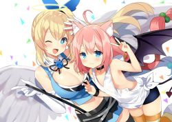Rule 34 | 2girls, ahoge, angel wings, animal ear fluff, animal ears, arm up, armpits, asymmetrical legwear, bike shorts, black legwear, black shorts, black skirt, blonde hair, blue eyes, blue shirt, breasts, cat ears, choker, cleavage, cleavage cutout, clothing cutout, confetti, demon tail, demon wings, double v, elbow gloves, feathered wings, flat chest, gloves, hair bobbles, hair ornament, halo, hinata channel, kurot, large breasts, long hair, low twintails, midriff, miniskirt, mirai akari, mirai akari project, mismatched legwear, multiple girls, navel, nekomiya hinata, open mouth, orange legwear, pink hair, pulled by self, shirt, short shorts, shorts, shorts under skirt, simple background, skirt, sleeveless, sleeveless shirt, smile, striped clothes, striped legwear, striped thighhighs, suspenders, suspenders pull, tail, tank top, thighhighs, trait connection, twintails, v, very long hair, virtual youtuber, watch, waving, white background, white gloves, white tank top, wings, wristwatch