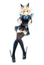 Rule 34 | 1girl, ange vierge, black thighhighs, blazer, blonde hair, blue eyes, blush, bow, bowtie, code omega 77 stella, full body, green eyes, hair ornament, heterochromia, jacket, long sleeves, looking at viewer, official art, outstretched arms, pleated skirt, school uniform, shoes, short hair, simple background, skirt, smile, solo, thighhighs, tsunako, white background, zettai ryouiki