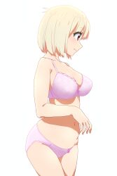 Rule 34 | 1girl, absurdres, blonde hair, bra, breasts, closed mouth, collarbone, cowboy shot, curvy, floral print, frilled bra, frills, from side, highres, large breasts, light blush, lips, lycoris recoil, navel, nishikigi chisato, nose, oekakiism, panties, pink bra, pink panties, profile, short hair, smile, solo, standing, underwear, underwear only
