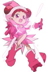 Rule 34 | 1girl, :d, absurdres, boots, commentary request, double bun, dress, edamame (buruburu), full body, gloves, glowing, hair bun, harukaze doremi, hat, highres, looking at viewer, magical girl, ojamajo doremi, open mouth, outstretched arms, pink dress, pink eyes, pink footwear, pink gloves, pink hat, pointy footwear, red hair, short hair, simple background, smile, solo, standing, white background, witch hat