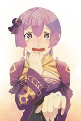 Rule 34 | 1boy, 1girl, 39 oinu, armor, bernadetta von varley, blush, byleth (fire emblem), byleth (male) (fire emblem), cape, closed eyes, closed mouth, fire emblem, fire emblem: three houses, flower, gloves, grey eyes, hair ornament, highres, holding hands, jewelry, long sleeves, nintendo, open mouth, outstretched hand, pov, pov hands, purple hair, ring, short hair, simple background, tearing up, upper body, wedding band, wedding ring