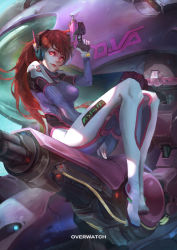 Rule 34 | 1girl, absurdres, alternate eye color, animal print, arm cannon, armor, bodysuit, boots, breasts, brown hair, character name, closed mouth, copyright name, d.va (overwatch), facepaint, facial mark, gatling gun, gloves, gun, hand up, headphones, high collar, high heel boots, high heels, highres, large breasts, legs up, lips, lipstick, long hair, makeup, mecha, meka (overwatch), overwatch, overwatch 1, pilot suit, rabbit, rabbit print, red eyes, red hair, red lips, robot, shoulder pads, sitting, skin tight, smile, solo, thigh boots, thighhighs, turtleneck, weapon, whisker markings, white footwear, white gloves, white thighhighs, yuley art