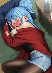 Rule 34 | 1girl, :d, aqua (konosuba), bare shoulders, beer can, black shirt, blush, bottle, brown pantyhose, can, closed eyes, commentary request, drink can, drunk, hair bun, highres, holding, holding bottle, hugging object, indoors, izawa (bhive003), kono subarashii sekai ni shukufuku wo!, long sleeves, lying, nose blush, on floor, on side, open mouth, pantyhose, pillow, red shirt, shiny clothes, shirt, shorts, single hair bun, sleeves past wrists, smile, solo, table, teeth